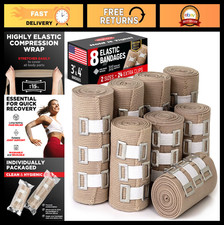 Elastic Bandage Wrap 8 Pack 4x3", 4x4" 24 Clips - Strong Compression for Wri