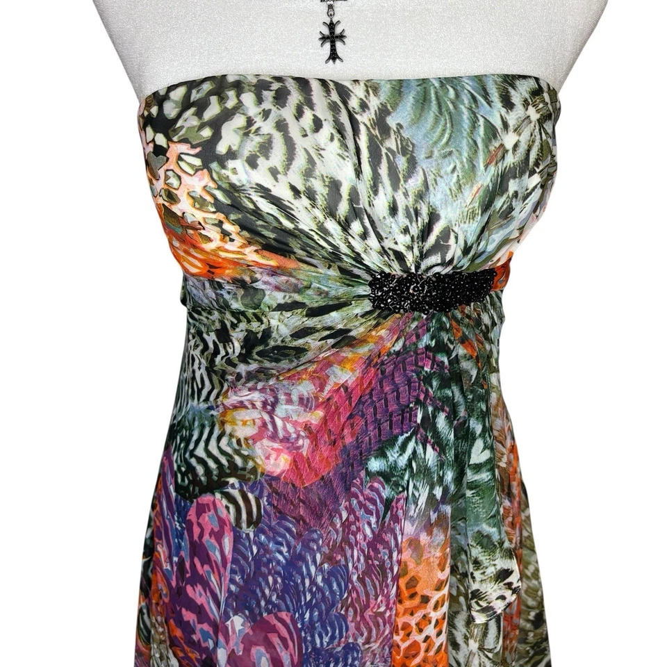 Y2K Aqua Strapless Dress Sz 8 Animal Print Asymmetrical Hem Embellished Flowy - image 3 of 4