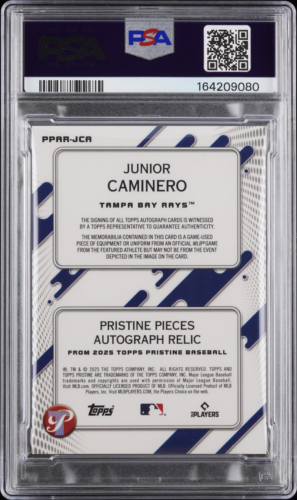 2025 TOPPS PRISTINE PIECES AUTO RELIC ORANGE REFRACTOR JUNIOR CAMINERO /25 PSA 9 view 3