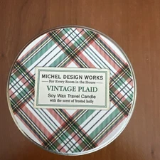 New & Sealed Michel Design Works Vintage Plaid Soy Wax 4 Oz. Travel Candle Tin
