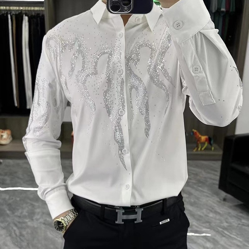 rhinestone dress shirt men Black Crystal Dress Shirt