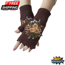 Half Fingerless Knitted Gloves Tharmal Women's Half Finger Winter Floral Mittens