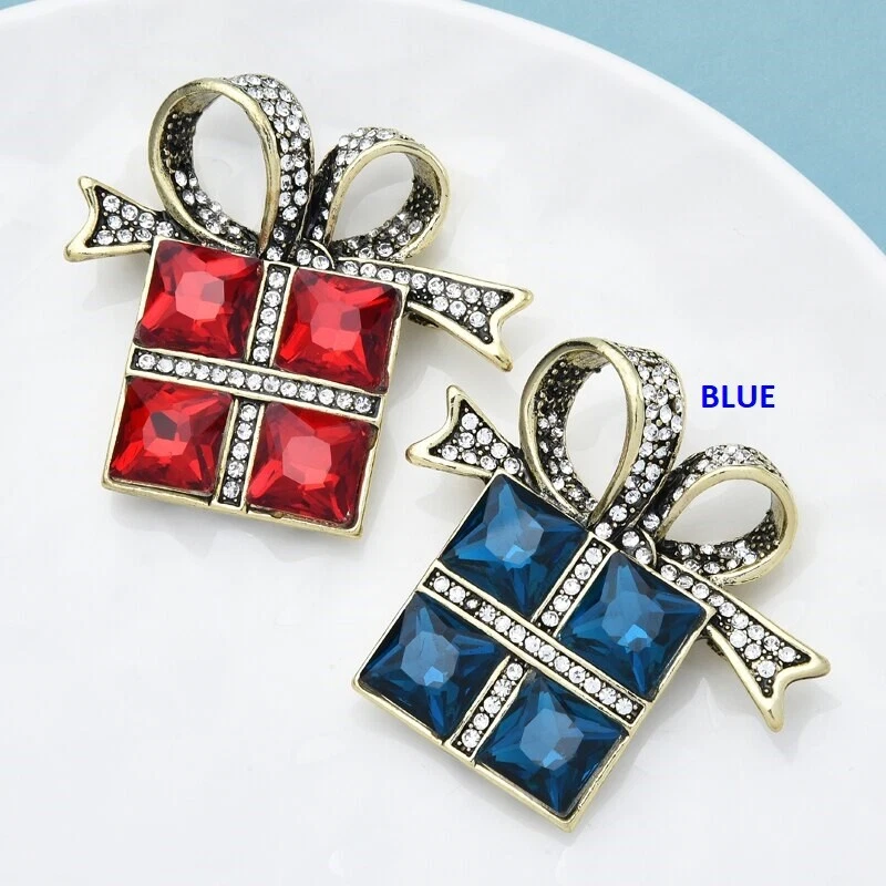 Caja de regalo vintage cristal estrás azul moño broche prendedor y bolsa dorada - VIDEO Foto 2 de 4