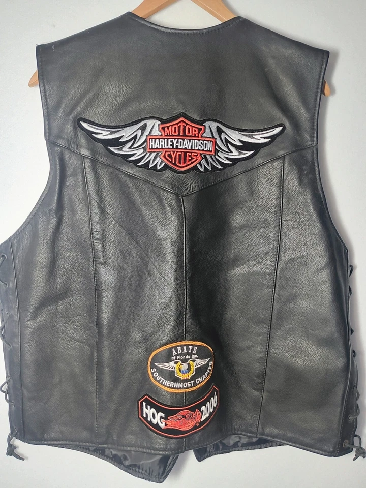 Unik Black Leather Biker Riding Vest Harley Davidson patches XXL Key West Outlaw - Image 2 of 4