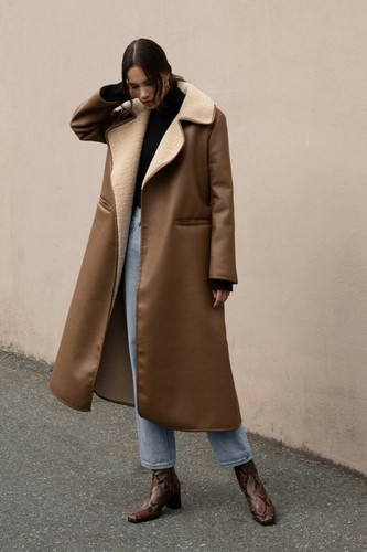 Belted Vegan Leather Sherpa Jacket Coat 