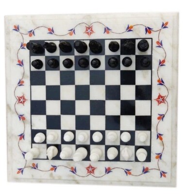 15''x15'' Marble Chess Set With Board Handmade Inlay With Natural Semiprecious Art