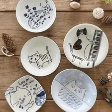 Mino Ware Cat Hand Painted Illustration Ceramic Plate Afternoon Tea Tableware