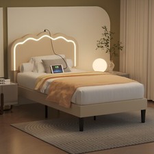 Twin/Full/Queen Bed Frame with Upholstered Headboard LED Lights Charging Station