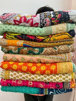 INDIAN VINTAGE HANDMADE KANTHA QUILT BLANKETS REVERSIBLE BOHEMIAN PATCHWORK LOT