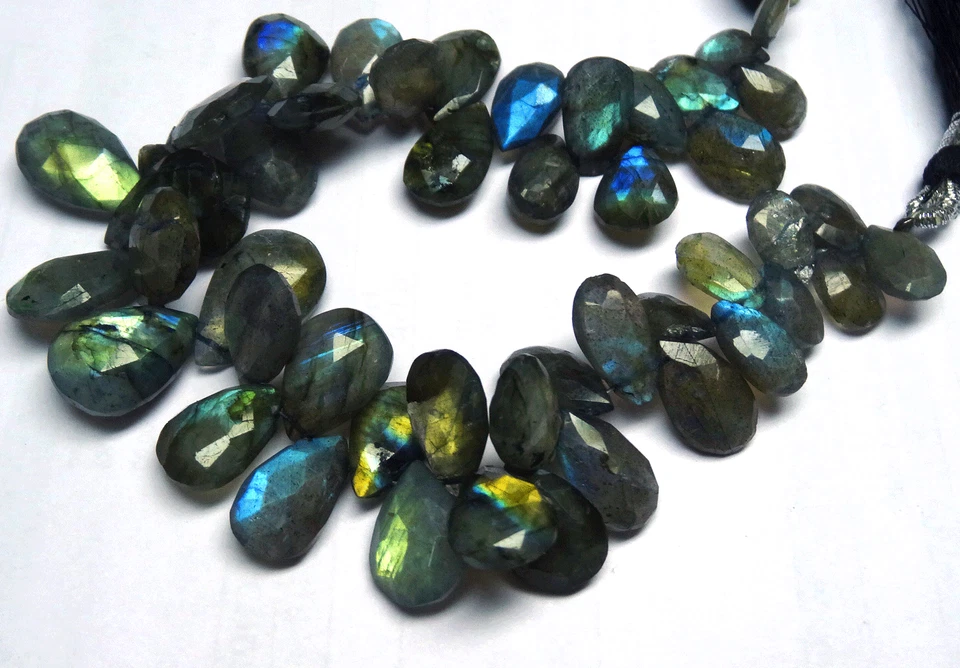 189.ct 8" FULL POWER Blue Fire Labradorite FACETED PEAR shape BEADS 9 TO 16 MM  - Image 4 of 4