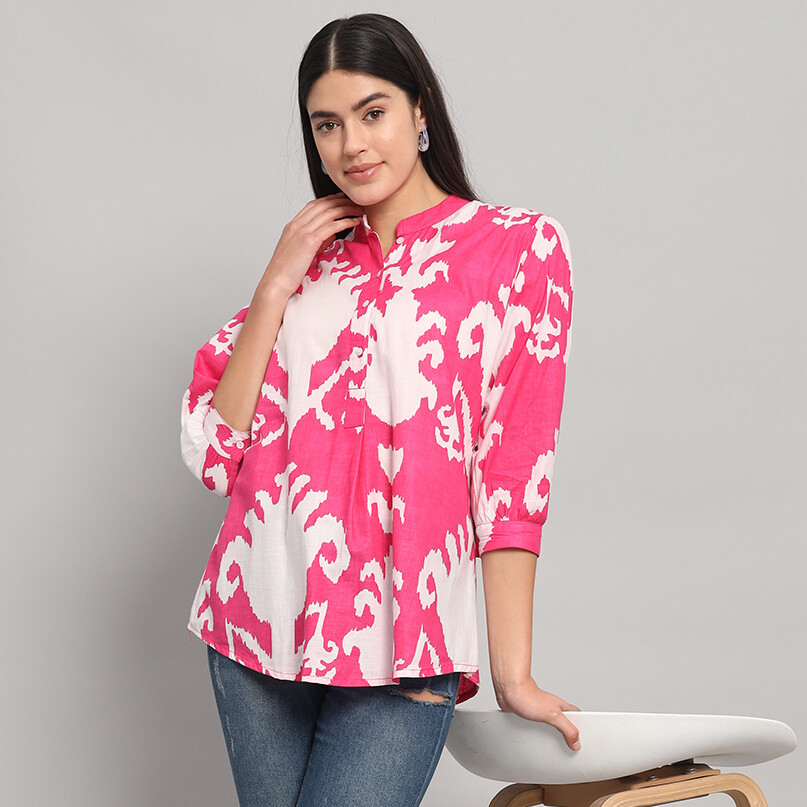 Mujer 3/4 Manga Rosa Ikat Tops Impresión Algodón Camisa Informal Suelto Blusa