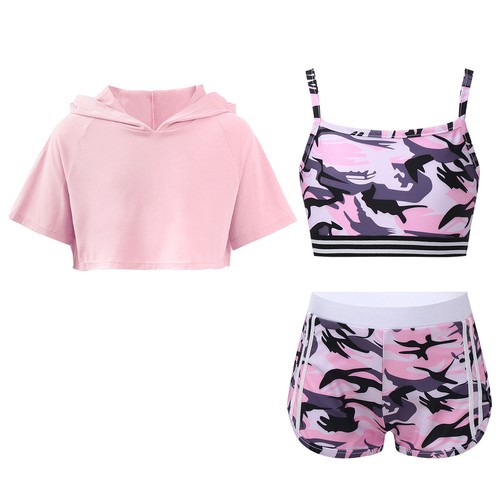 Girls 3 Piece Tracksuit Short Sleeve Hoodies Crop Tank Top Shorts Outfit Workout - Picture 5 of 25