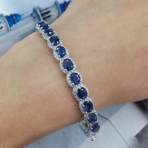Natural Sapphire Bangle Bracelet 4x5mm Platinum Plated, Sapphire Bangle