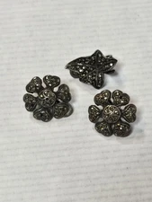 3 Marcasite flower and leaf clip on earrings
