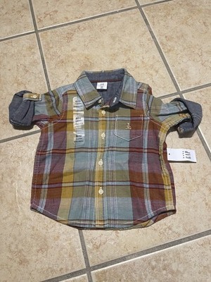 Baby Gap Boy Cotton Plaid Shirt 6-12 Months Old New With Tags