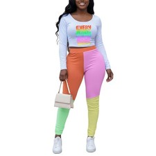 Womens Fall 2 Piece Color Block Pants Set Sweatsuits Long Sleeve Printed Top ...