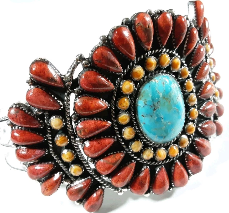 925 STERLING LARGE 67 STONES CORAL SPINY OYSTER TURQUOISE 5 7/8" BRACELET 43.5g - Image 3 of 4