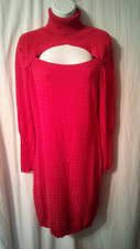 Alison Andrews M Red Turletneck Cut-Out Lightweight Sweater Dress Gold Studs~yb