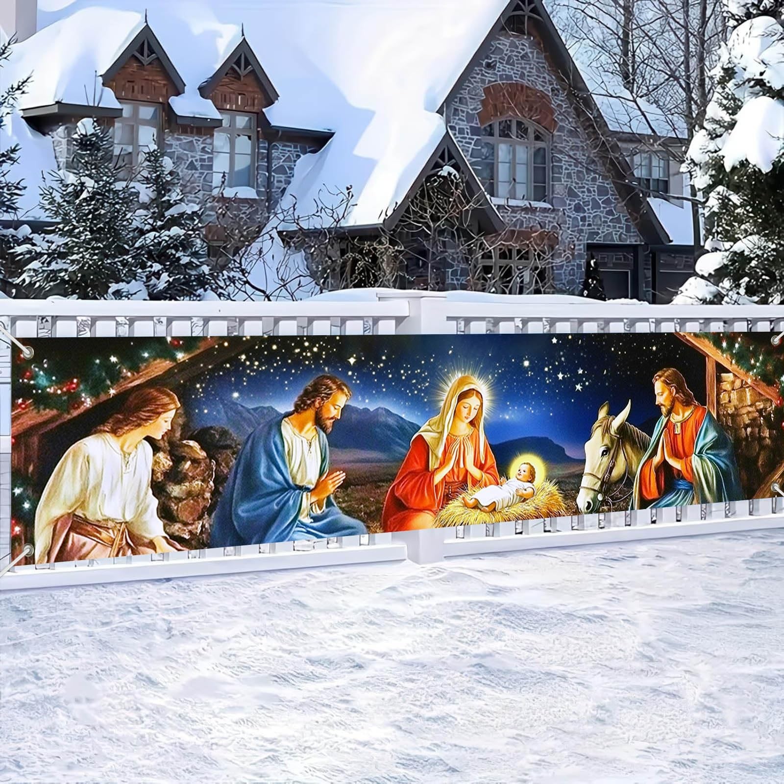 BlissYard Nativity Scene Banner 79x18 Inches Christmas Fence Banner Holy Nigh...