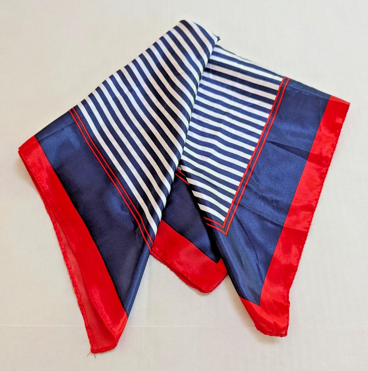 Vintage Nautical Red White Blue Striped Square Satin Feeling Scarf  ~21
