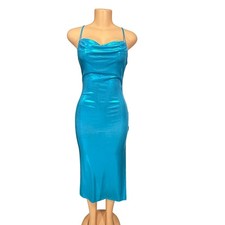 Bebe Blue Metallic Cowl Neck Spaghetti Strap Bodycon Midi Dress XS NWT