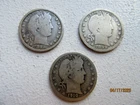 Three (3) 90% Silver Barber Quarters 1898 1899 1910