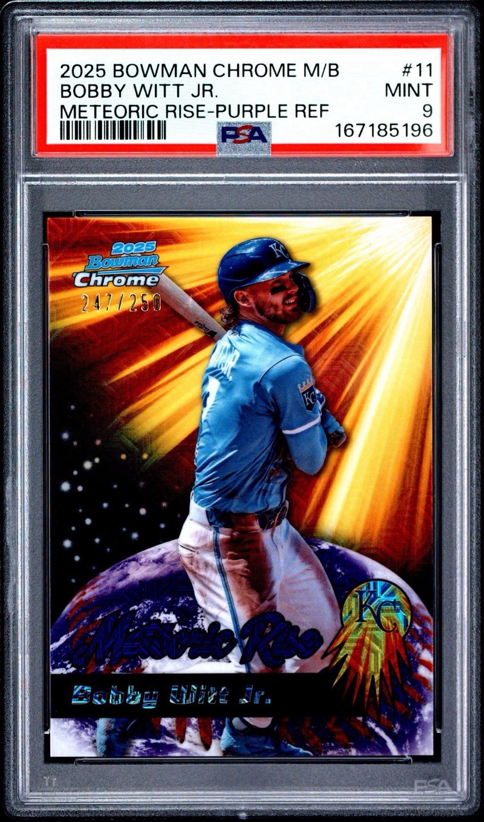 2025 Bowman Chrome Mega Box Bobby Witt Jr. Meteoric Rise #11 Purple PSA 9 MINT view 3
