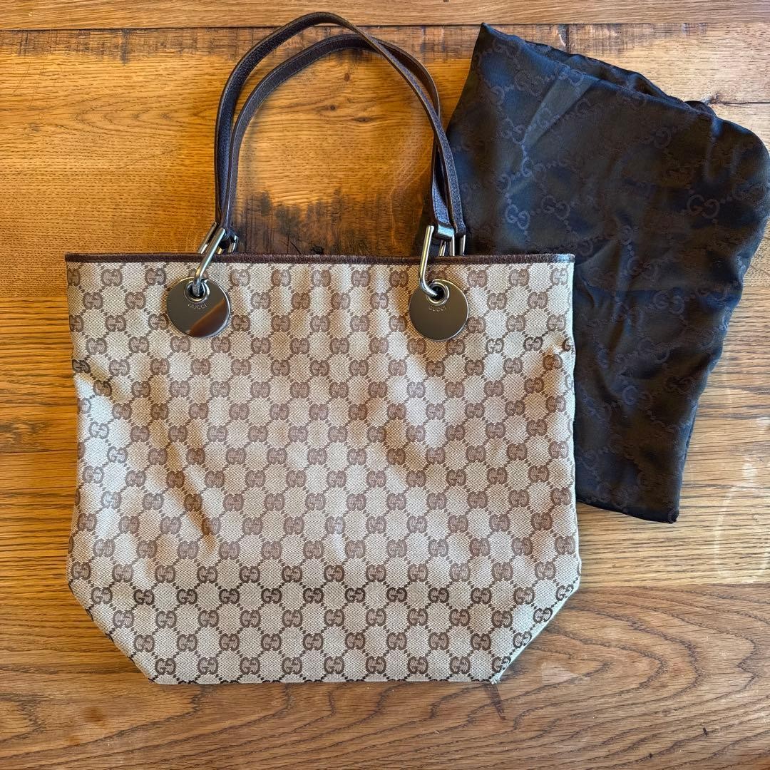 Authentic GUCCI GG Canvas Tote Bag 35cm x 31cm Beige Leather Accent Prem------