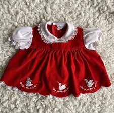 Vintage Nannette Dress 0-6 Month Red Lace Ducks Swans Puff Sleeves Velvet Collar