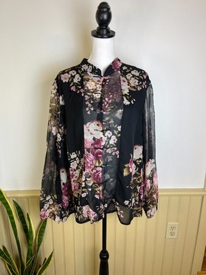Vintage Silk Floral Blouse 3X Sheer Sleeve Frog Closure Goth Boho