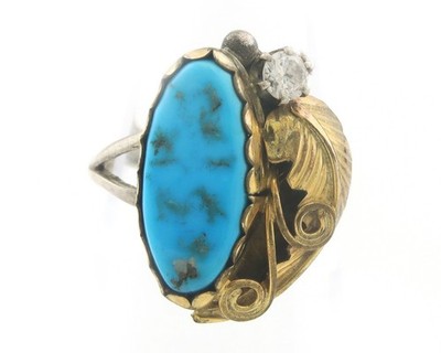 Navajo Ring Sterling Silver & Gold Turquoise Signed Virginia C Size 6.25