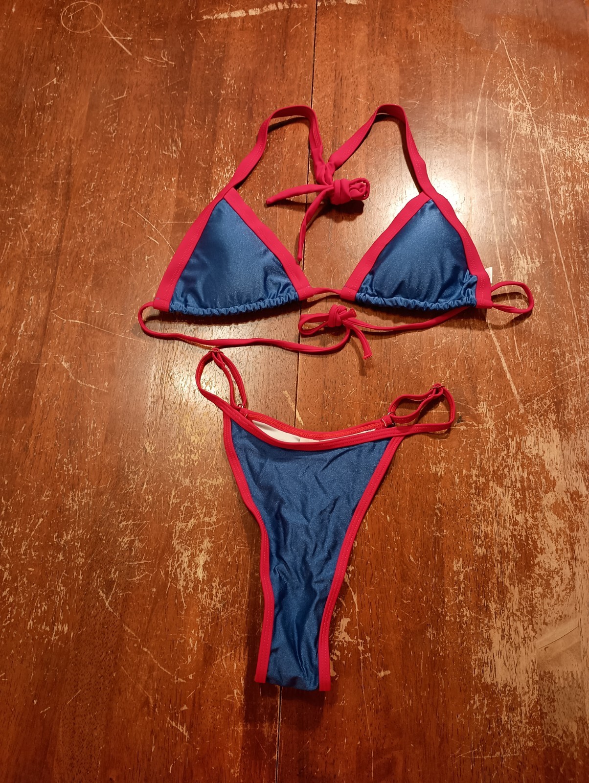 Women's Blue Red Trim Unbranded Tie Back Adjustable Thong Bikini Set Size Medium