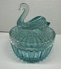 Vintage Jeanette Blue Colored Glass Covered Dish Powder Jar w Figural Swan Lid