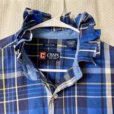 Chaps Men’s Dress Shirt Upcycled Into Women’s Blouse W/ Ruffle Blue/White Plaid