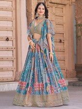 Latest New Sky Blue Chinnon Silk Lehenga Choli With Dupatta For Indian Function
