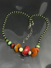 VTG Grandmothers Buttons SilverTone Aventurine Red Coral Beaded Necklace USA
