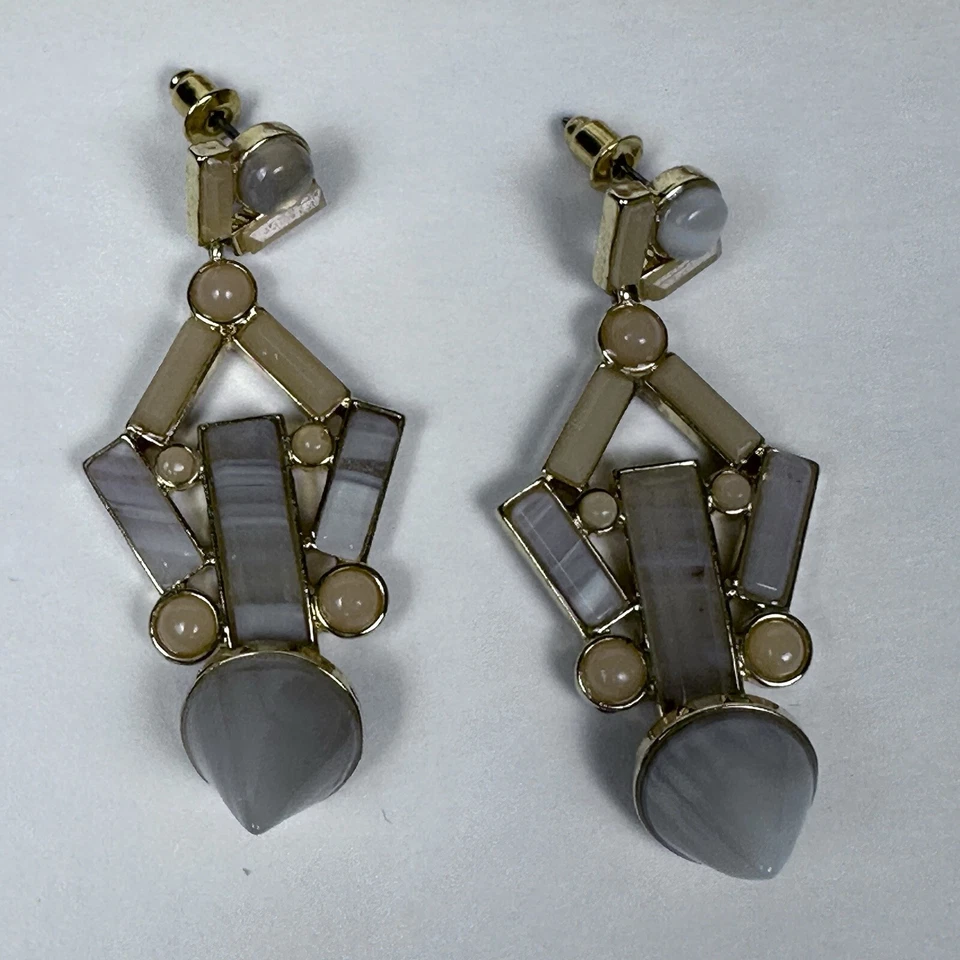 Moda Aretes Colgantes Largos Geométricos Ágata Óptica Cuarzo Chapado en Oro 2" Foto 4 de 4