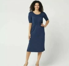 H by Halston Regular Ruched Waist Elbow-Sleeve Midi Dress-Navy-Small-New-A351204