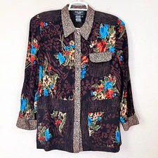Vintage Saint Tropez Size M Women Brown Floral Elegant Chic Button up Tunic Top
