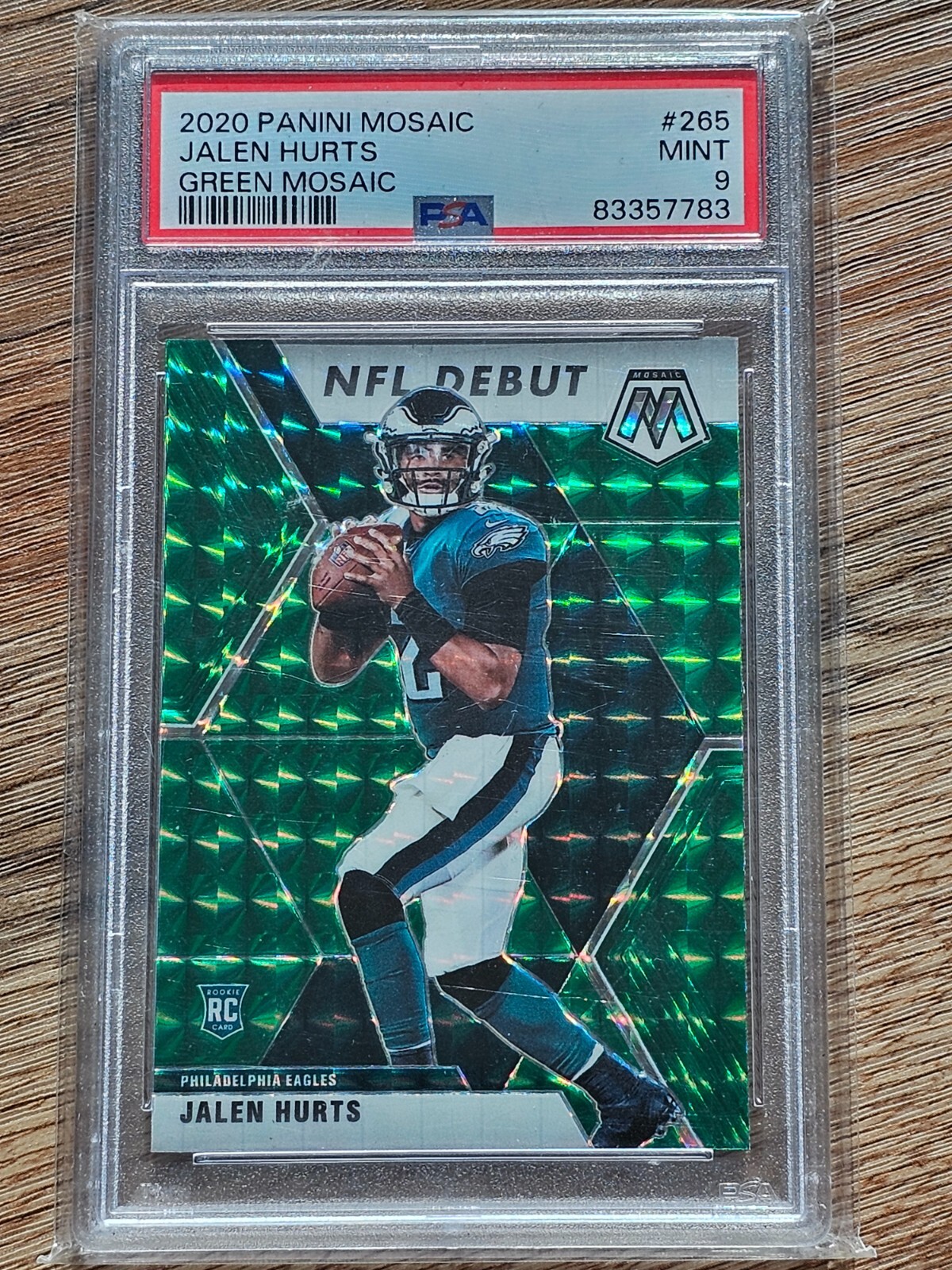 2020 Mosaic NFL Debut Jalen Hurts #265 Green Prizm Color Match (RC) Eagles PSA