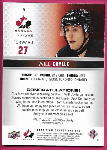 2022-23 Upper Deck UD Team Canada Juniors Hockey Jersey ''You Pick from list'' - Picture 12 of 108