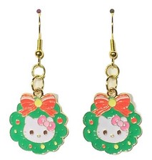 Gold Hello Kitty Christmas Wreath Drop Dangle Earrings