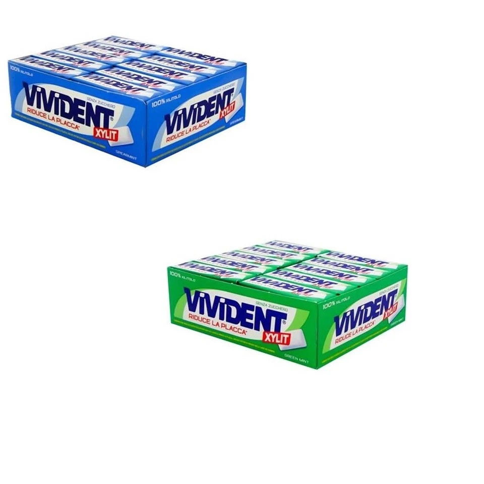 GOMME VIVIDENT XYLIT BLU O VERDE SENZA ZUCCHERO GUSTO MENTA CONFEZIONE 40 STICK
