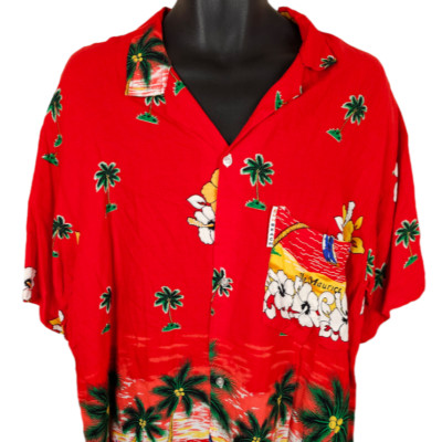 Vintage African Hawaiian Shirt Mens Size Large Red Y2K Ile Maurice AOP