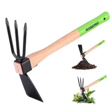 WORKPRO 2-in-1 Hoe and Cultivator Gardening Rake 14" Wooden Handle 3 Claw Tiller