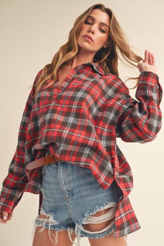 Aemi + Co Side Slit High-Low Plaid Long Sleeve Polo Shirt - Picture 2 of 4
