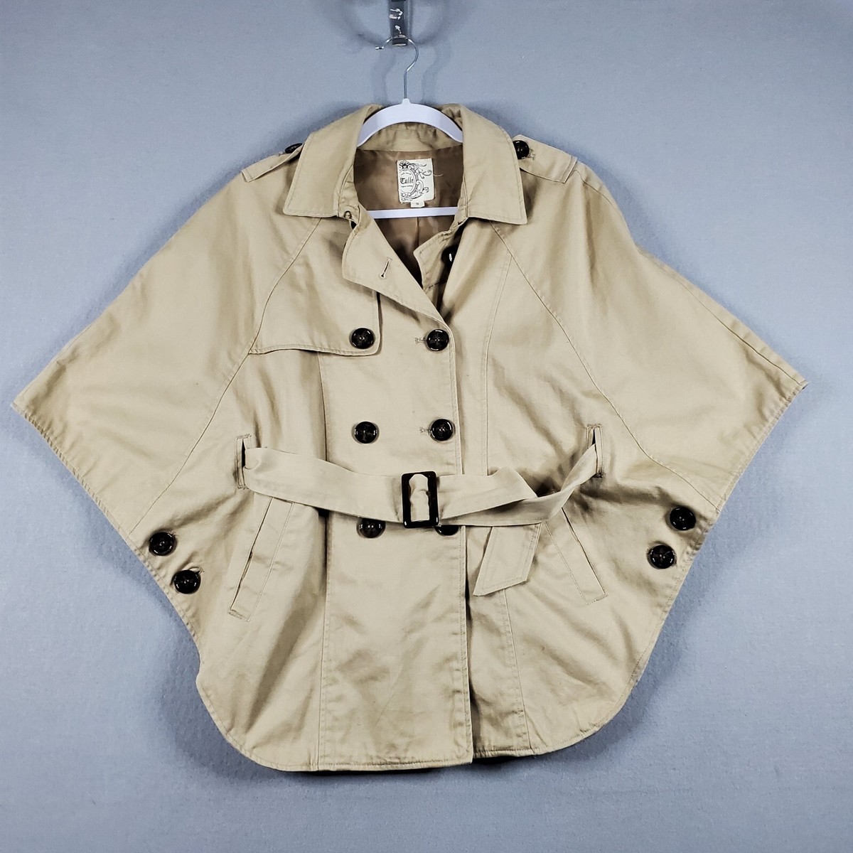 TULLE Khaki Beige Twill Cape Jacket Belt Double Breasted Poncho