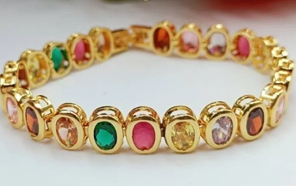 Thai Gold Micron Plated Bangle Bracelet with 9 Gem Colors Amulet Design-image