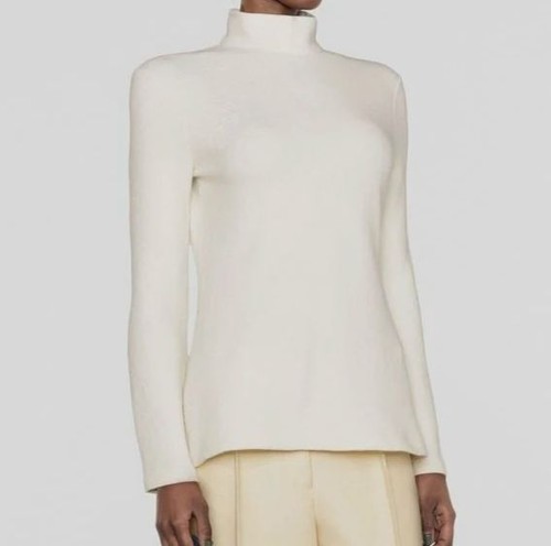 $790 Jil Sander Women's Beige Wool High-Neck Keyhole Sweater Size IT38/US2