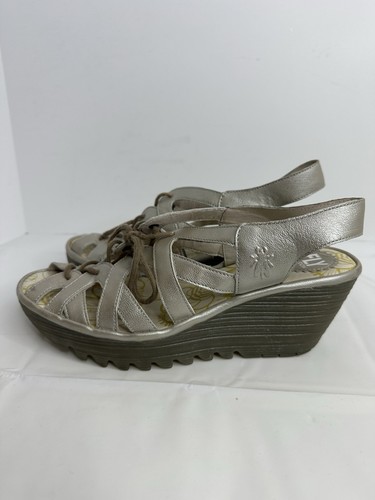 Fly London Yapi Leather Lace Up Wedge Sandals Women Sz 40W 9-9.5 US Silver Taupe - Picture 4 of 14